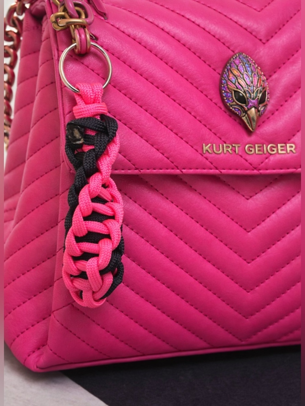 Handmade Braided Key/Bag Charm Hot Pink and Black | Pick Your Size